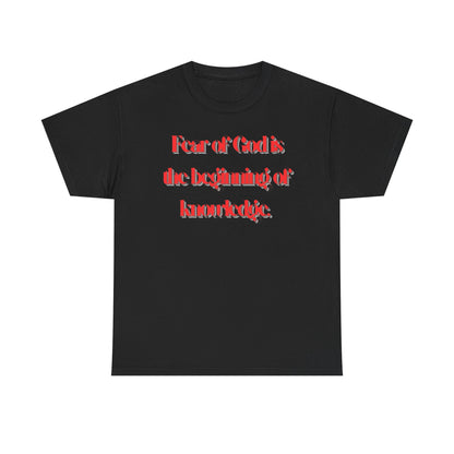 T‑Shirt — "Fear of God is the beginning of knowledge" Graphic Tee, Red Script Religious Quote